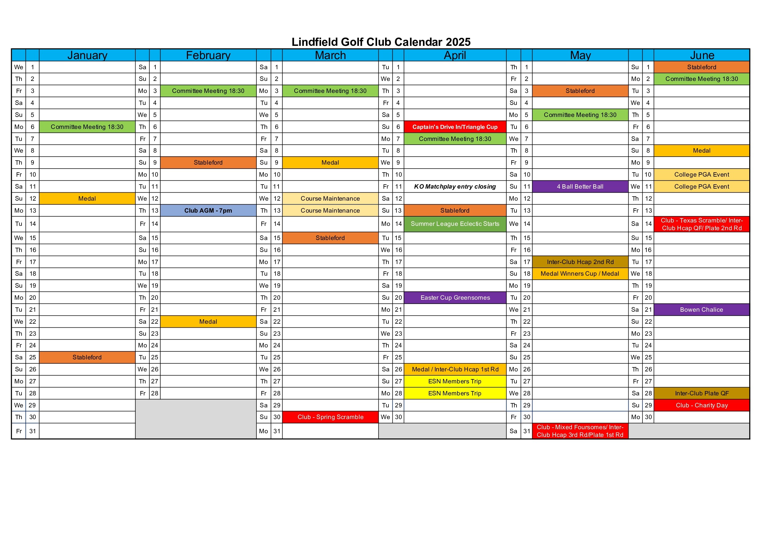 Main Section Calendar - Lindfield Golf Club