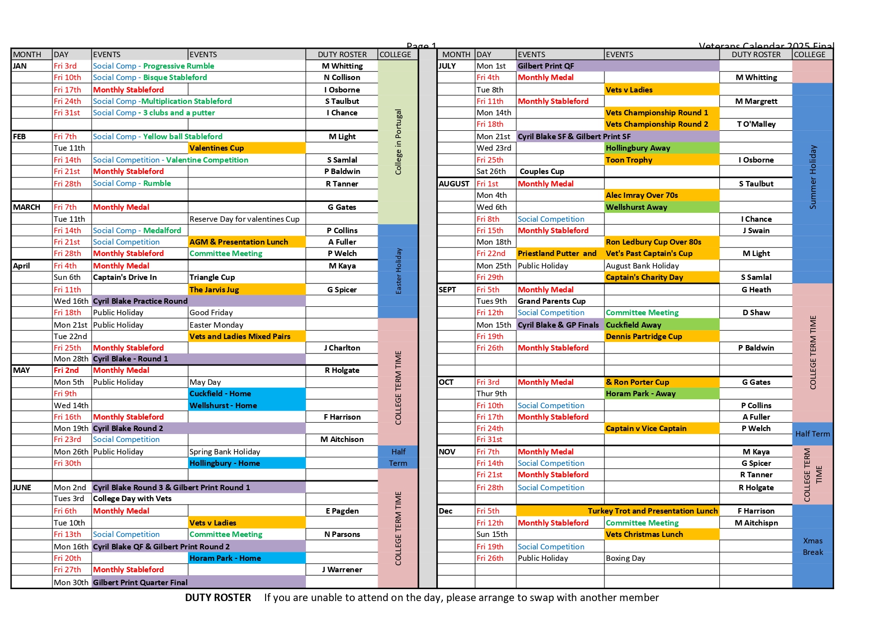 Veterans Section Calendar - Lindfield Golf Club